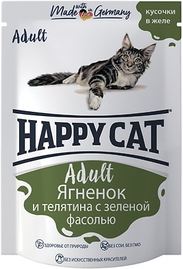 Влажный корм для кошек Happy Cat Adult Ягненок и телятина с зеленой фасолью в желе 100г