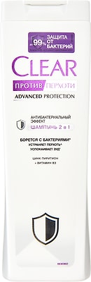 Шампунь для волос Clear Против перхоти Защита от бактерий 380мл
