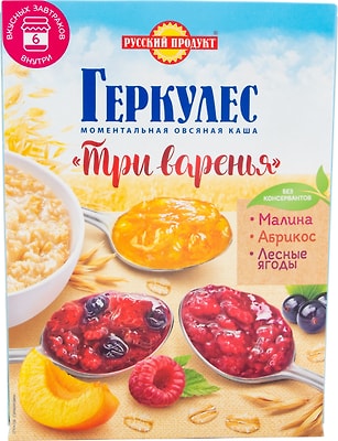 Каша Русский продукт Овсяная Геркулес Три варенья Малина Абрикос Лесные ягоды 348г