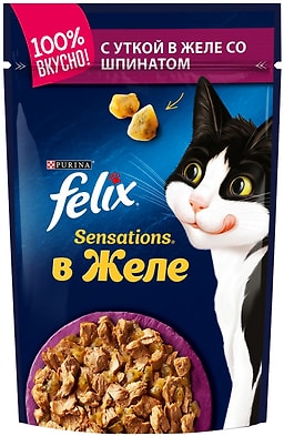 Влажный корм для кошек Felix с уткой в желе со шпинатом 85г