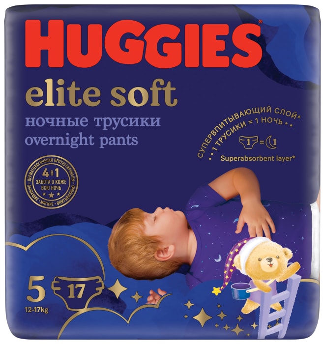 Подгузники трусики Huggies Elite Soft ночные 12-17кг 5 размер 17шт - купить  с доставкой в Vprok.ru Перекрёсток по цене 607.00 руб.