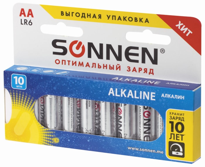 Батарейки комплект 10 шт sonnen alkaline аа lr6 15а алкалиновые пальчиковые короб