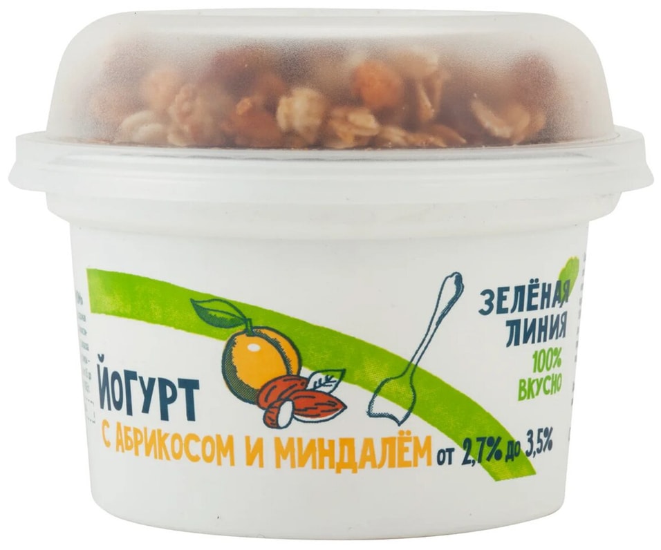 Йогурт Зеленая линия с абрикосом миндалем и гранолой с изюмом 2.7-3.5% 215г от Vprok.ru