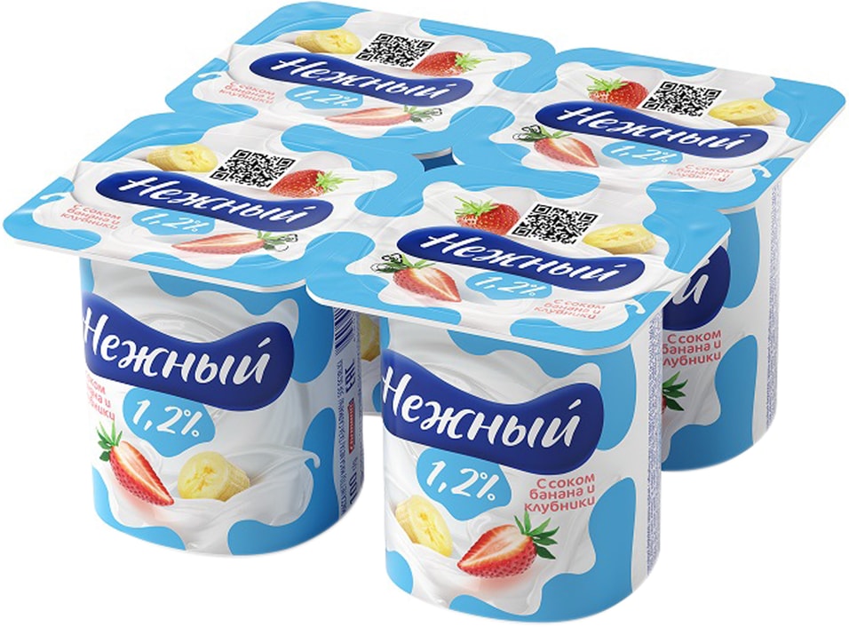 Продукт йогуртный Campina Нежный с соком банана и клубники 1.2% 4шт*100г