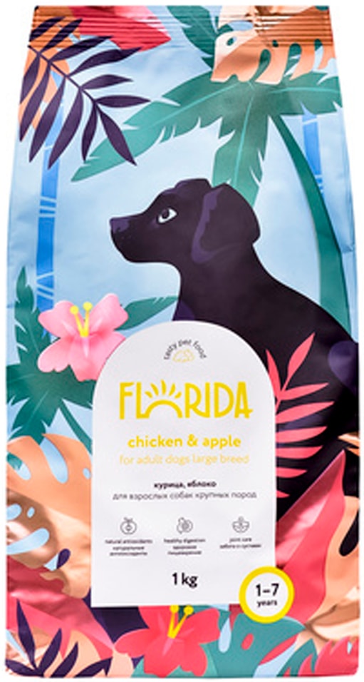 Сухой корм для собак Florida для крупных пород с курицей и яблоком 1кг 383₽