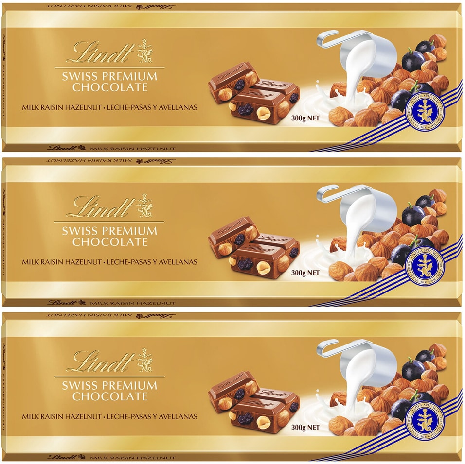 Шоколад Lindt Swiss Premium Молочный с изюмом и фундуком 300г (упаковка 3 шт.)