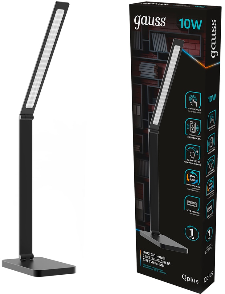 Светильник настольный Gauss Qplus GTL501 10W 600lm 3000-6000K 170-265V черный диммируемый Qi USB LED