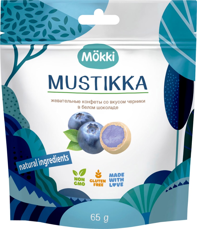 Жевательные конфеты Mokki в белом шоколаде со вкусом черники 65г 149₽