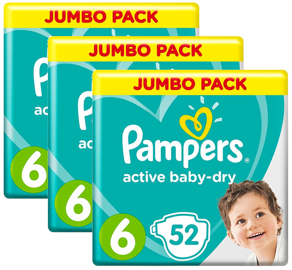 Подгузники Pampers Active Baby-Dry 6 размер 13-18кг 52шт упаковка 2 шт 2698₽