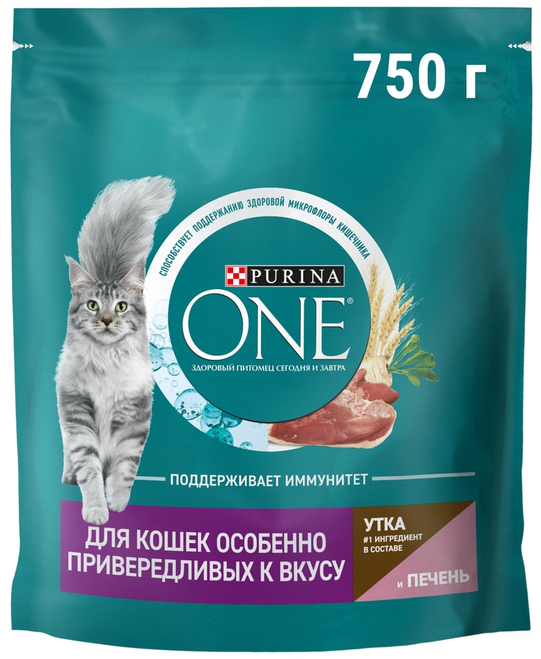 Сухой корм для кошек Purina ONE для особенно привередливых к вкусу с высоким содержанием утки и c печенью 750г 349₽