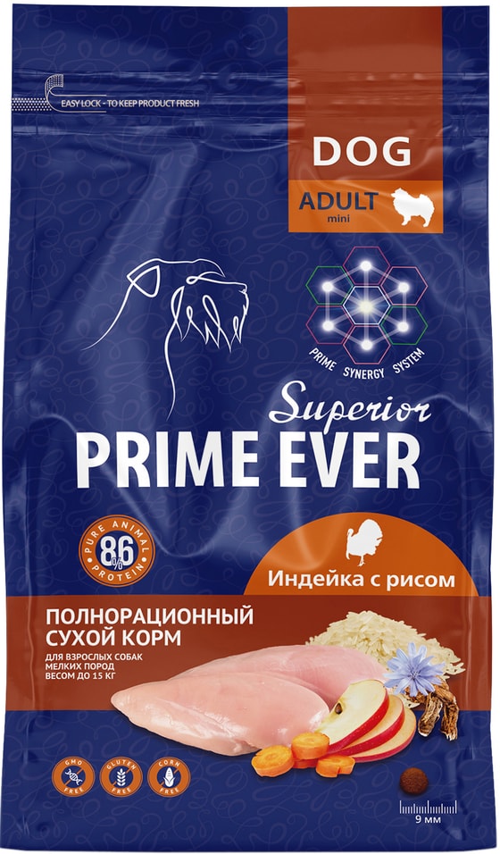 Сухой корм для собак маленьких пород Prime Ever Superior Adult Mini Индейка с рисом 0.9кг