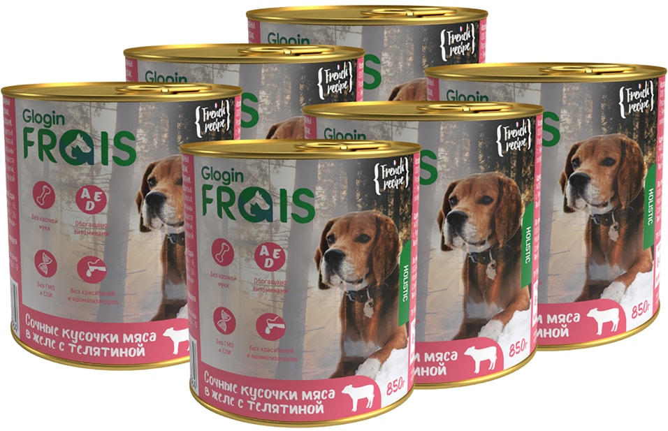 Влажный корм для собак Frais HD Сочные кусочки мяса в желе с телятиной 850г (упаковка 6 шт.)