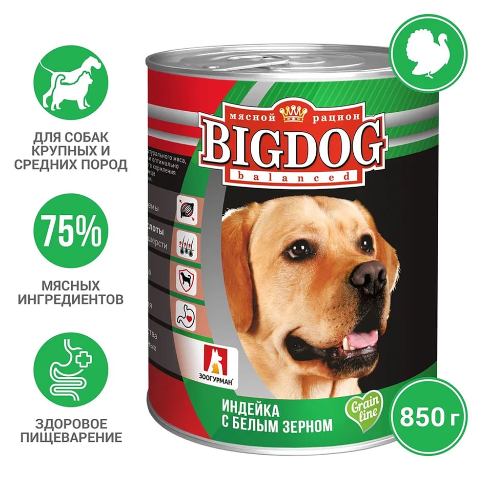 Влажный корм для собак Зоогурман BigDog balanced Индейка с белым зерном 850г 219₽