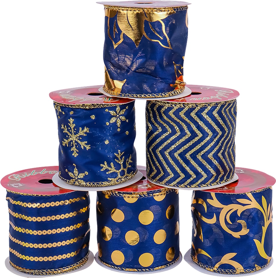Набор новогодних лент Miland Роскошный синий с золотым принтом 6.3см*2.7м 24шт