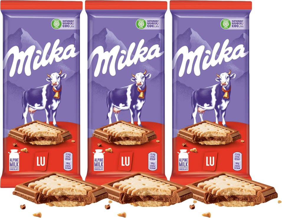 Шоколад Milka Молочный с печеньем LU 87г упаковка 3 шт 524₽