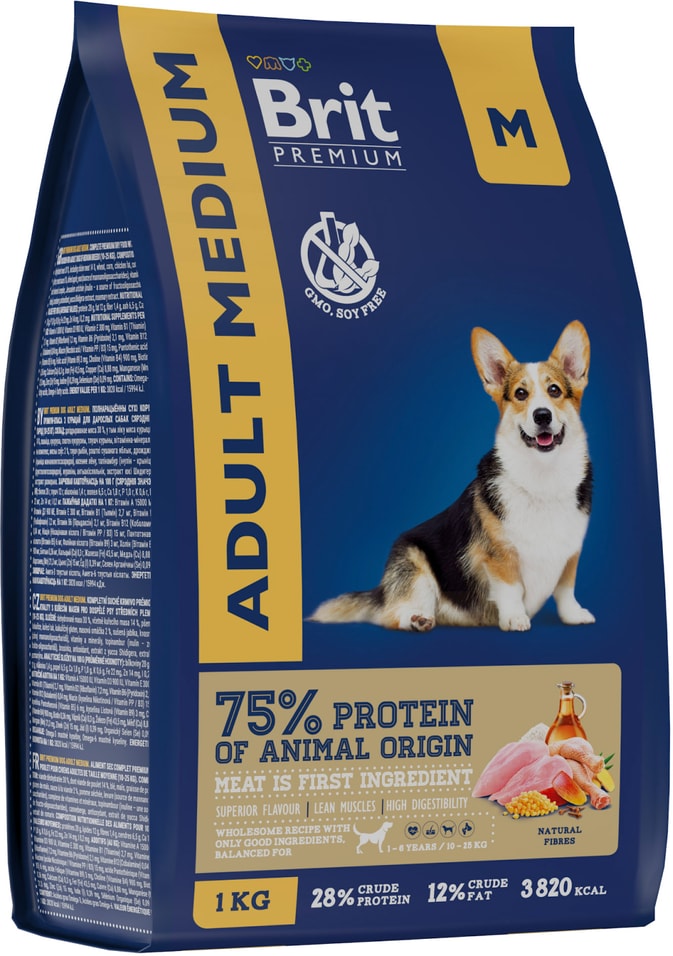 Сухой корм для собак Brit Premium Dog Adult Medium для средних пород с курицей 1кг 529₽