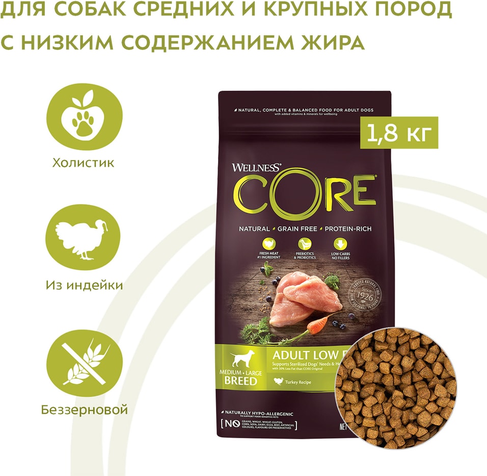 Сухой корм для собак Core со сниженным содержанием жира из индейки с курицей 1.8кг