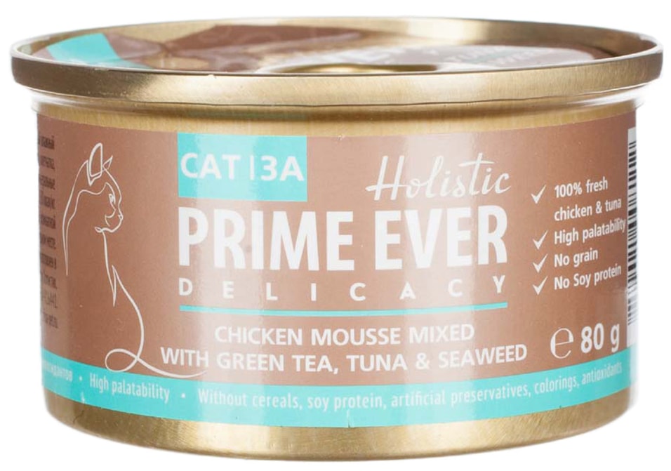 Влажный корм для кошек Prime Ever 3A Delicacy Мусс цыпленок с тунцом с зеленым чаем и водорослями 80г (упаковка 6 шт.)