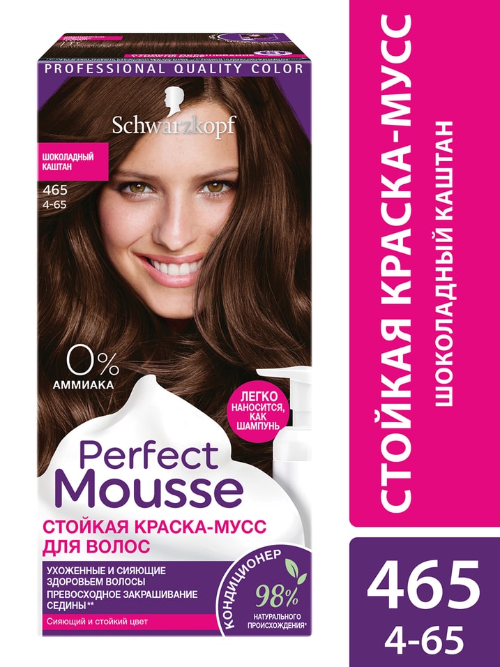 Краска-мусс для волос Perfect Mousse сияющий и стойкий цвет 465 Шоколадный каштан 92.5мл