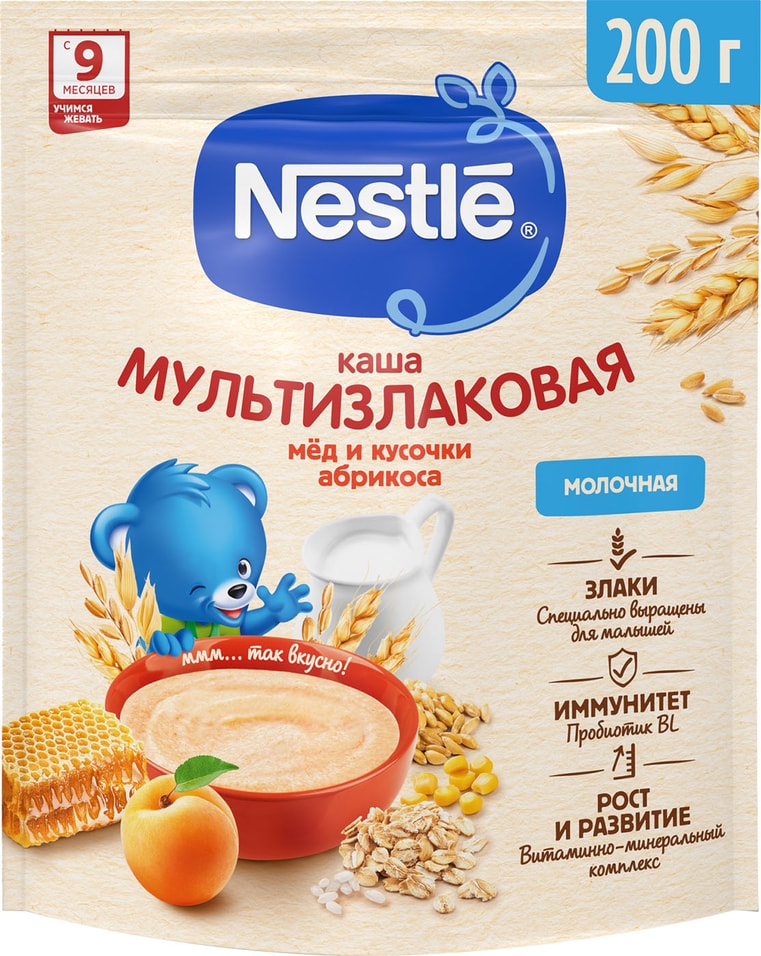 Каша Nestle Молочная мультизлаковая Мед-Абрикос с 9 месяцев 200г 176₽