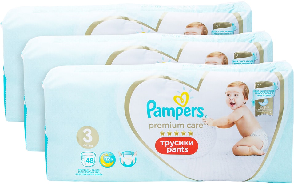 Подгузники трусики Pampers Premium Care 3 размер 6-11кг ультрамягкие 48шт упаковка 2 шт 2338₽