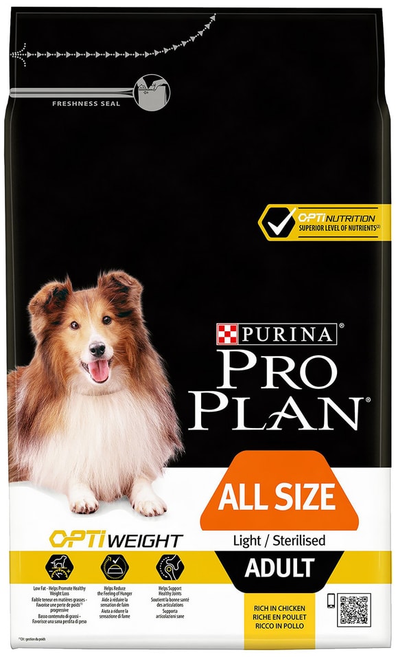 Сухой корм для стерилизованных собак Pro Plan Opti Weight All Size Adult Light/Sterilised для контроля веса с курицей 3к