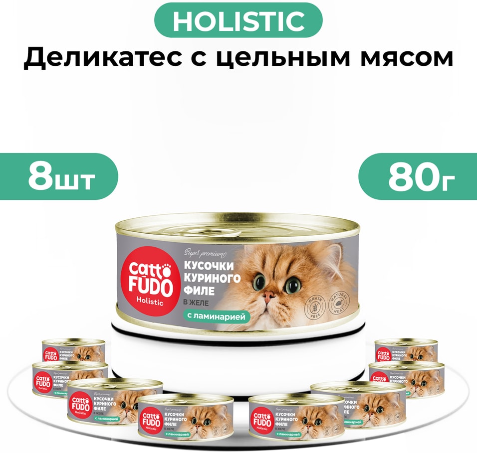 Влажный корм для кошек Cattofudo Holistic Кусочки куриного филе в желе с ламинарией 880г 1050₽