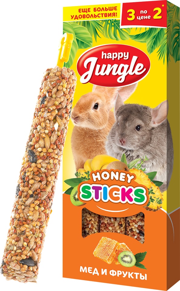 Лакомство для грызунов Happy Jungle Мед + Тропические фрукты 3шт 90г (упаковка 2 шт.)