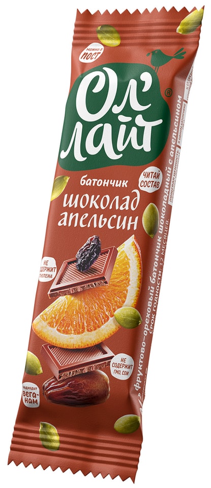 Батончик фруктово-ореховый Ол Лайт шоколад с апельсином 30г