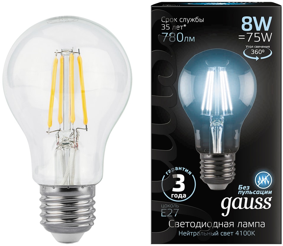Лампа Gauss Filament А60 8W 780lm 4100К Е27 LED