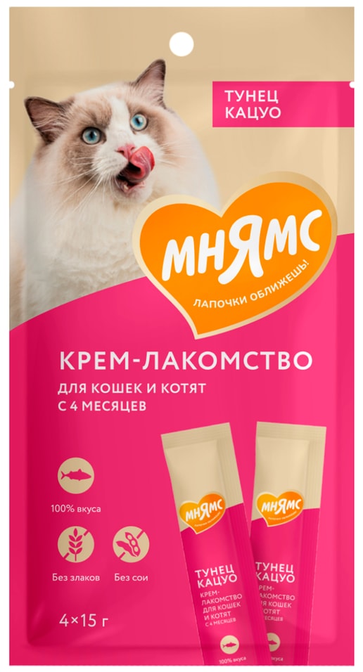 Крем-лакомство для кошек Мнямс с тунцом Кацуо 15г4шт 229₽