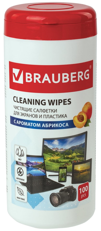 Салфетки влажные Brauberg для экранов всех типов и пластика с ароматом абрикос туба 100шт