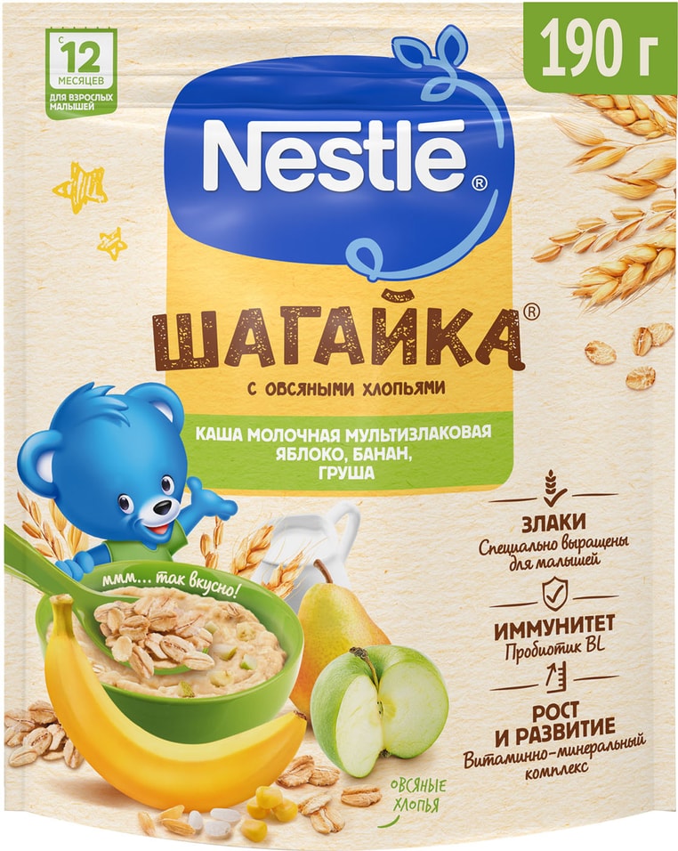 Каша Nestle Шагайка Молочная мультизлаковая Яблоко-Банан-Груша с 12 месяцев 190г 169₽