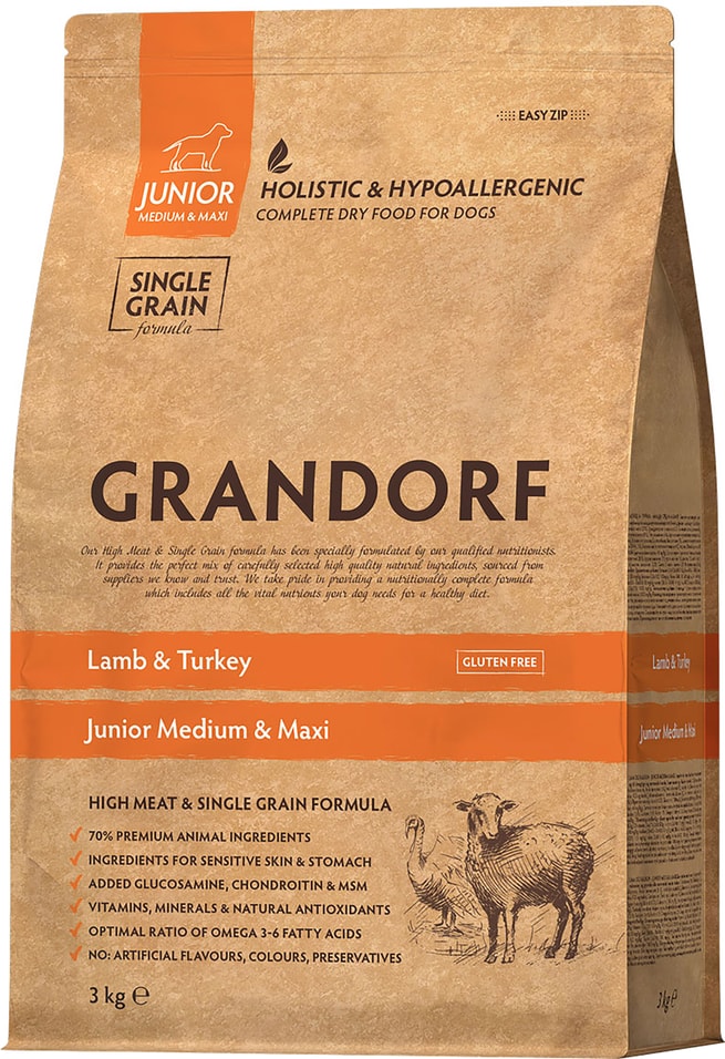 Сухой корм для щенков Grandorf Junior Medium & Maxi для юниоров c ягненком и индейкой 3кг