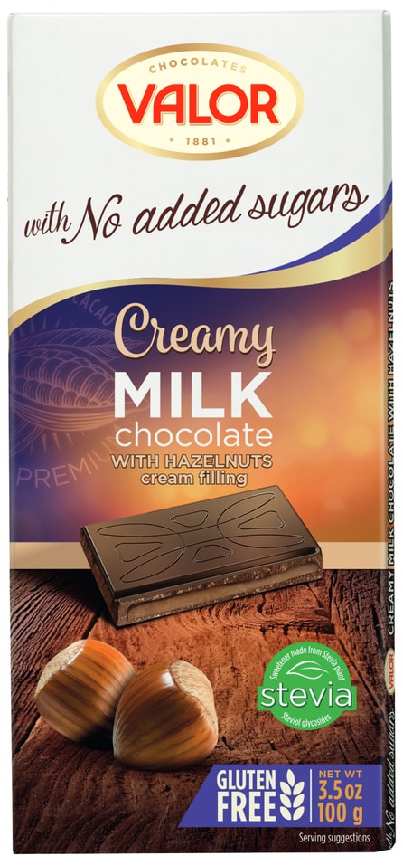 Шоколад Valor Молочный с ореховой начинкой без добавления сахара 100г