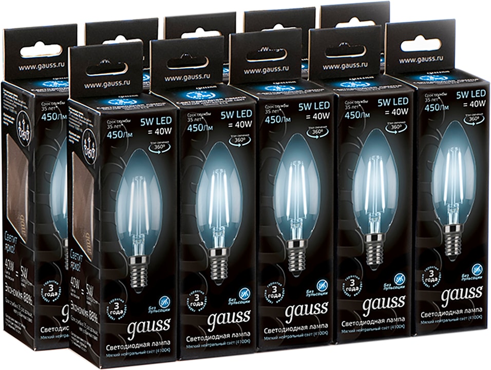 Лампа Gauss Filament Свеча 5W 450lm 4100К Е14 LED 10шт