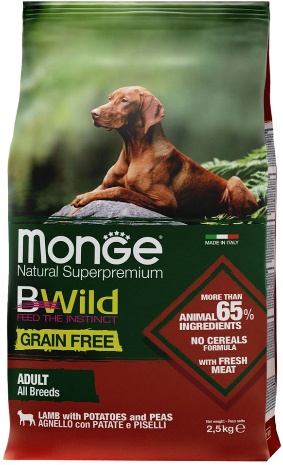 Сухой корм для собак Monge Dog BWild Grain Free беззерновой из мяса ягненка с картофелем 25кг 2246₽