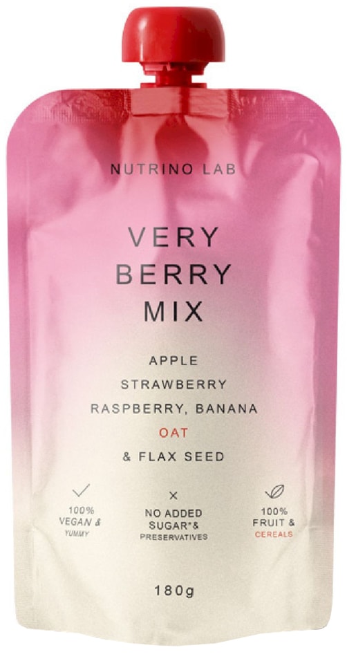 Пюре Nutrino Lab фруктово-злаковое Яблоко-Клубника-Малина-Банан c добавлением овсянки и семян льна 180г