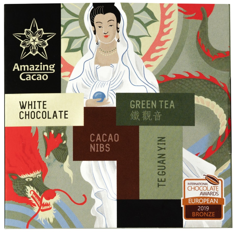 Шоколад Amazing Cacao Белый с зеленым чаем Те Гуань Инь и какао-крупкой 40% 60г