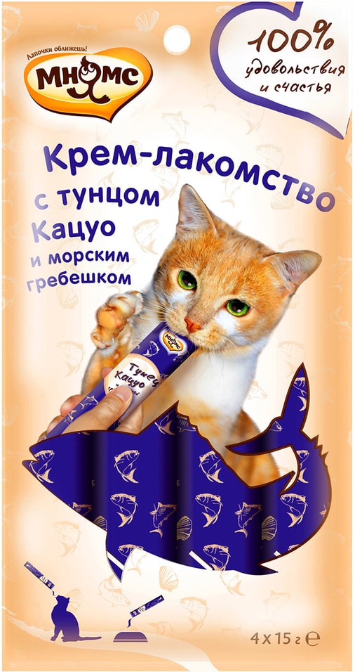 Крем-лакомство для кошек Мнямс с тунцом Кацуо и морским гребешком 15г*4шт
