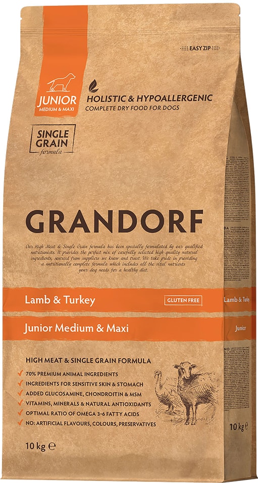 Сухой корм для щенков Grandorf Junior Medium & Maxi для юниоров c ягненком и индейкой 10кг