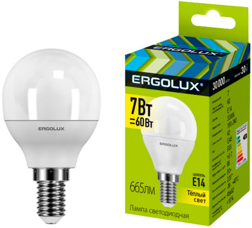 Лампа Ergolux светодиодная LED G45 7W E14 3K