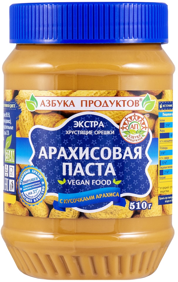 Паста арахисовая Азбука продуктов Экстра с кусочками арахиса 510г 500₽