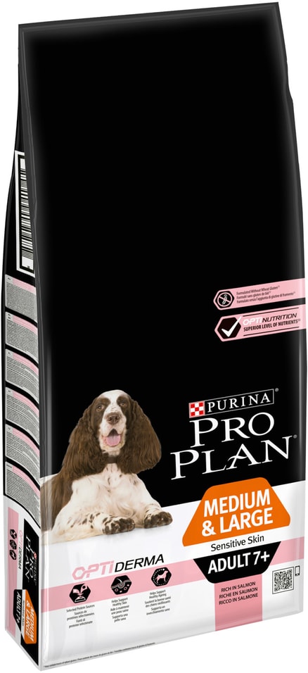 Сухой корм для пожилых собак Pro Plan Optiderma Medium&Large Adult 7+ Sensitive Skin для средних и крупных пород для здо