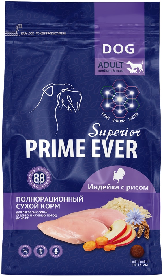 Сухой корм для собак средних и крупных пород Prime Ever Superior Adult Medium&Maxi Индейка с рисом 0.9кг