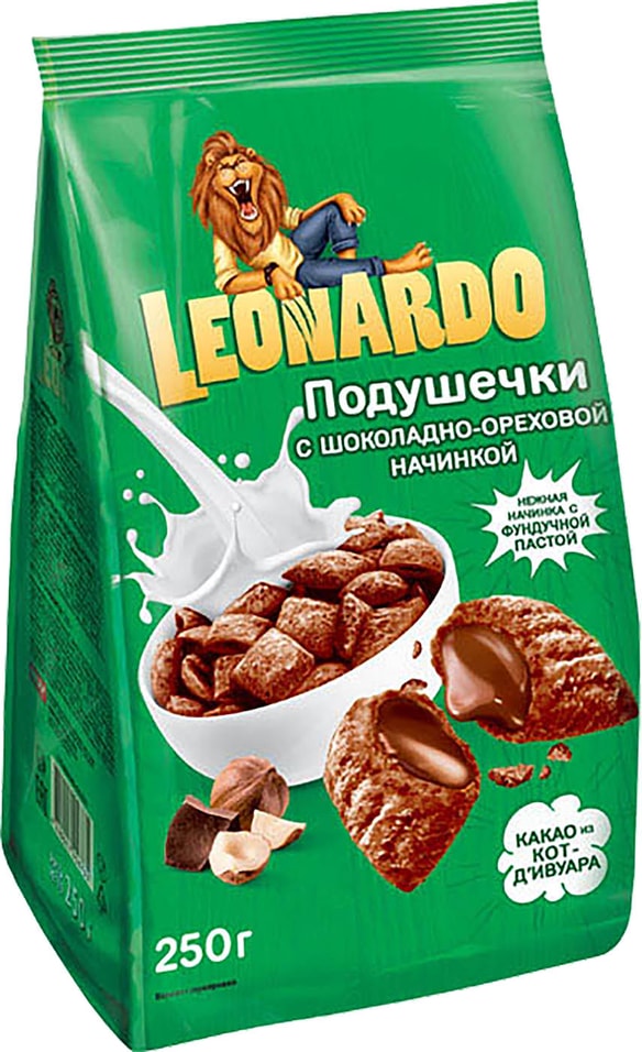 Готовый завтрак Leonardo Подушечки глазированные с шоколадно-ореховой начинкой 250г