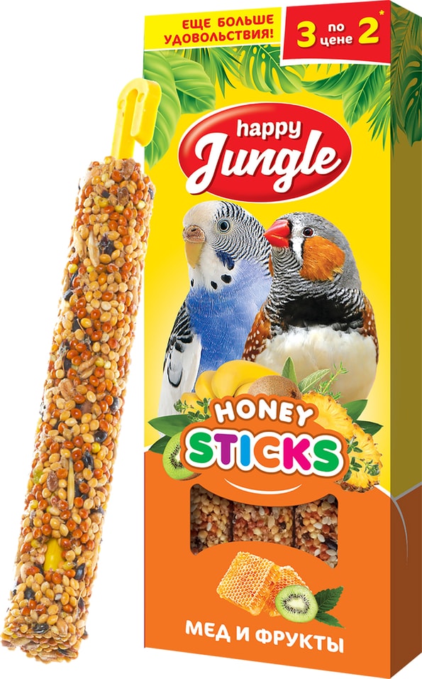 Лакомство для птиц Happy Jungle Палочки мед + фрукты 3шт 90г (упаковка 2 шт.)