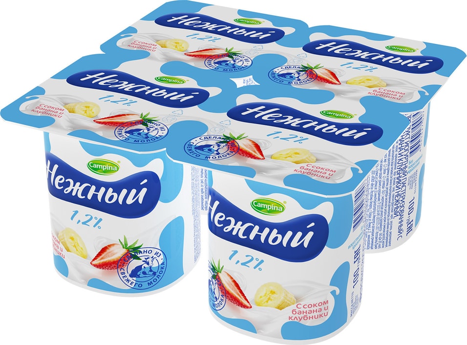 Продукт йогуртный Campina Нежный с соком банана и клубники 1.2% 4шт*100г