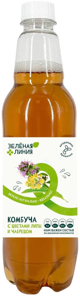 Напиток Зеленая линия на чайном грибе Комбуча липа-чабрец 555мл