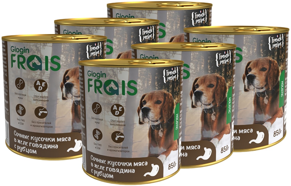 Влажный корм для собак Frais HD Сочные кусочки мяса в желе с говядиной и рубцом 850г (упаковка 6 шт.)